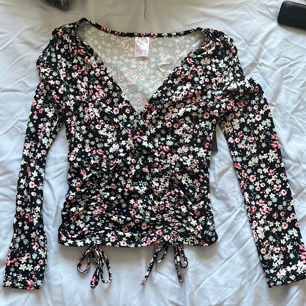 Black background with floral design long sleeve shirt/blouse